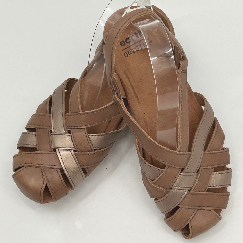 Earth Origins Leather Woven Slingback Sandals Brown Bronze Comfort Shoes - Picture 2 of 9